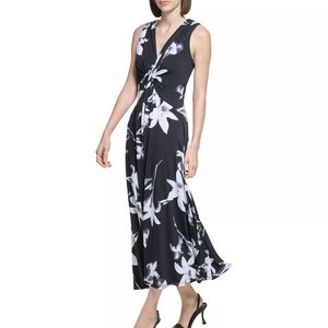 Calvin Klein black & white Floral Print Twist Front A-Line Maxi Dress size 10